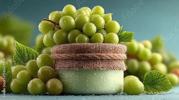 Obraz A skincare jar filled with grape-infused cream, surrounded by fresh dewy grapes and autumn-colored leaves, creating a refreshing, natural beauty product presentation