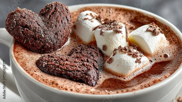Obraz A cup of hot chocolate topped with heart-shaped marshmallows in white, pink, and cocoa flavors, creating a cozy and sweet atmosphere