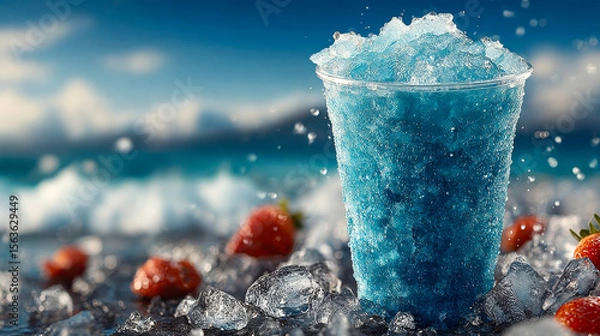Obraz A refreshing blue slushy drink in a clear disposable cup, surrounded by ice cubes and fresh strawberries, set against a bright, summery beach backdrop