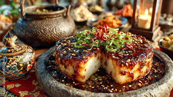 Obraz A traditional Korean rice cake coated in a glossy soy glaze, garnished with sliced green onions, chili peppers, and sesame seeds, served on a stone plate