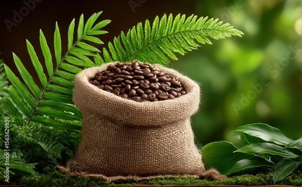 Obraz Bag of coffee beans is sitting on a leafy green background