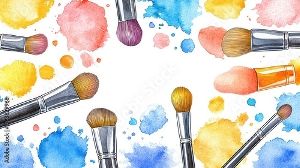 Obraz Watercolor Painting Brushes and Colorful Splatters