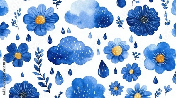 Obraz Watercolor Pattern of Blue Flowers, Clouds, and Raindrops