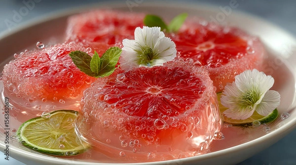 Obraz Close-up of vibrant grapefruit slices in sparkling gelatin, garnished with fresh mint leaves and delicate white flowers