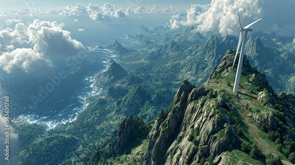 Obraz A breathtaking view of a wind turbine standing tall on a rugged mountain ridge, overlooking an endless coastal landscape and deep blue ocean under scattered clouds