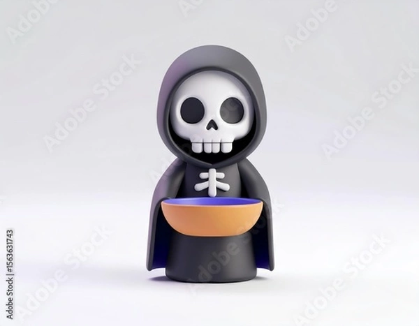 Fototapeta 3D grim reaper icon standing in a small dish, cute spooky Halloween style, clean white or soft blur background