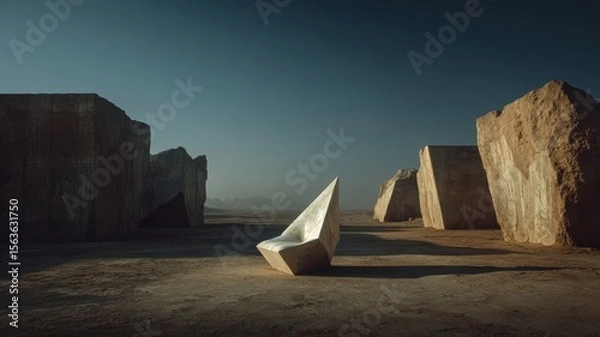 Fototapeta Abstract metal sculpture in desert landscape with rocky formations