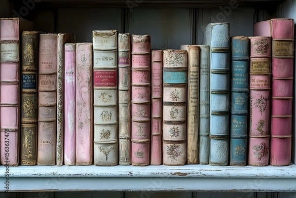 Fototapeta Row of vintage antique books in pastel pink and blue colors with ornate spines arranged on white wooden shelf, creating nostalgic library atmosphere.