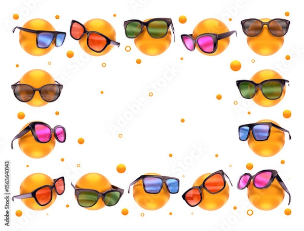 Fototapeta The bright summertime frame with stylish sunglasses on the yellow dummy balls. The collage on white background. 3d render.