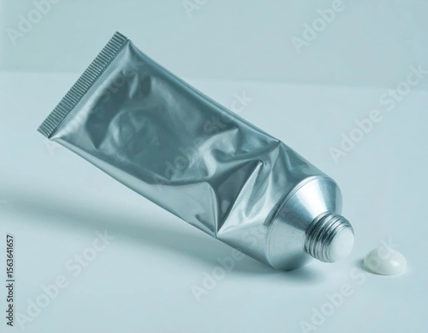 Obraz A metallic tube lies open with a small dollop of white cream on a light surface, suggesting a cosmetic or medicinal product.