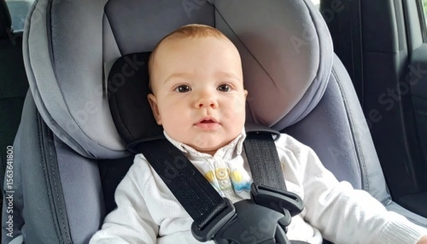 Obraz A baby securely strapped in a gray car seat, looking directly at the camera inside a vehicle.