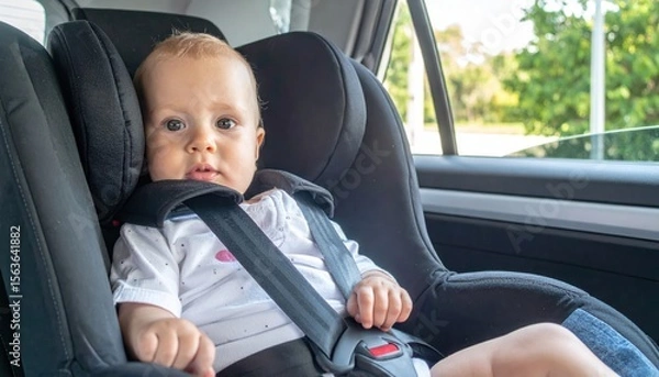 Obraz A baby secured in a car seat, wearing a white shirt, sitting inside a vehicle with a view of greenery outside the window.