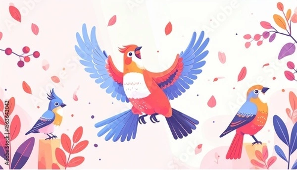 Obraz Three colorful, stylized birds perched and flying among vibrant branches and leaves in a whimsical, nature-inspired illustration.