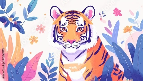 Obraz A colorful digital illustration of a tiger surrounded by vibrant, stylized flowers and leaves in soft pastel colors.