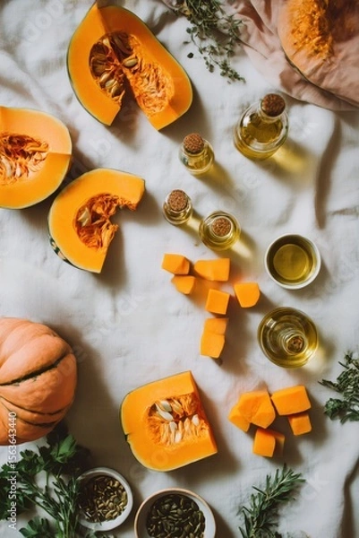 Obraz Table with a variety of vegetables and oils, including pumpkin and olive oil