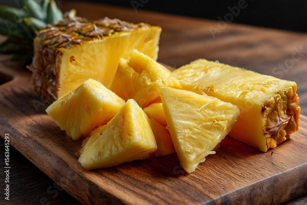 Fototapeta Freshly cut ripe pineapple pieces arranged on a wooden cutting board ready for serving or snacking anytime