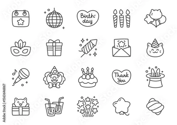 Fototapeta Kawaii birthday icon set. Set of cute birthday icons including gifts, candles, cake, clown, balloons, drinks, stars and party elements isolated on white background. Vector 10 EPS.