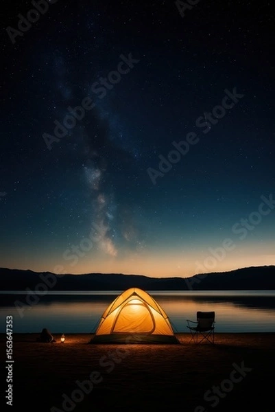 Fototapeta Small yellow tent is set up on a beach next to a lake.