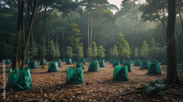 Fototapeta A dense forest with a clear canopy, healthy undergrowth, and protected saplings enclosed in biodegradable guards. Signs of afforestation visible, with fallen leaves on a clean forest floor. Soft morni