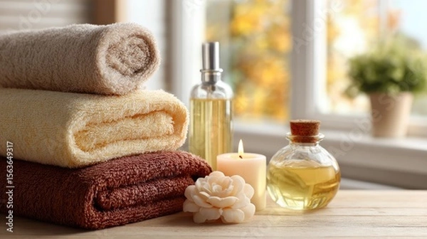 Fototapeta Spa Products on Towels Near Window, Generative ai