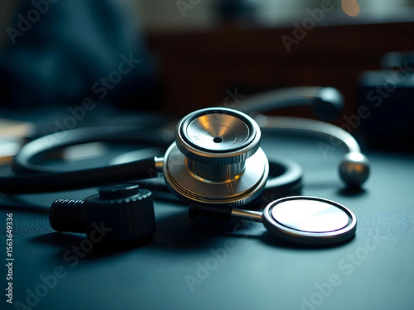 Fototapeta A stethoscope is on a table with a book and a remote