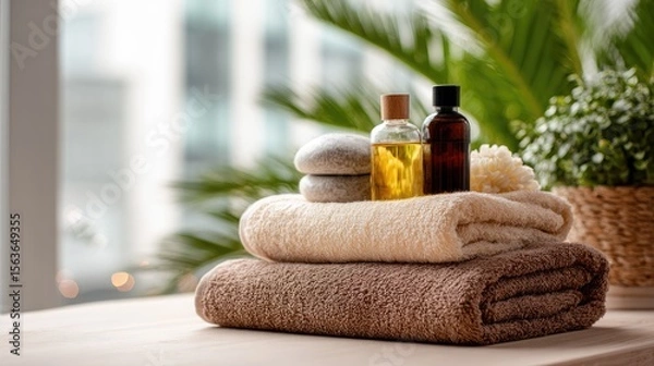 Fototapeta Spa Products on Towels Near Window, Generative ai