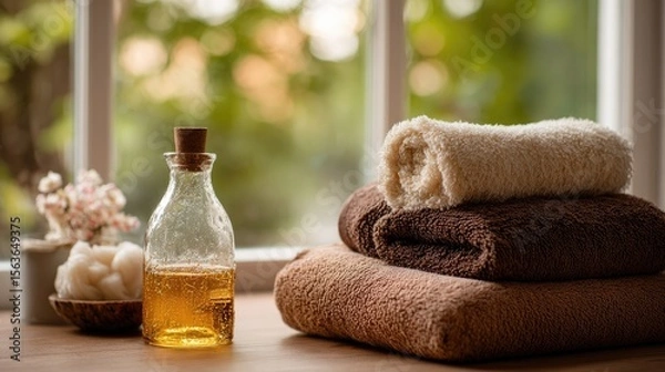 Fototapeta Spa Products on Towels Near Window, Generative ai