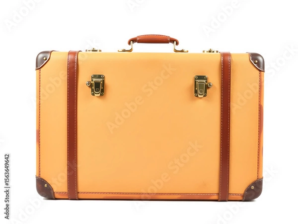 Fototapeta A tan suitcase with brown handles sits on a white background