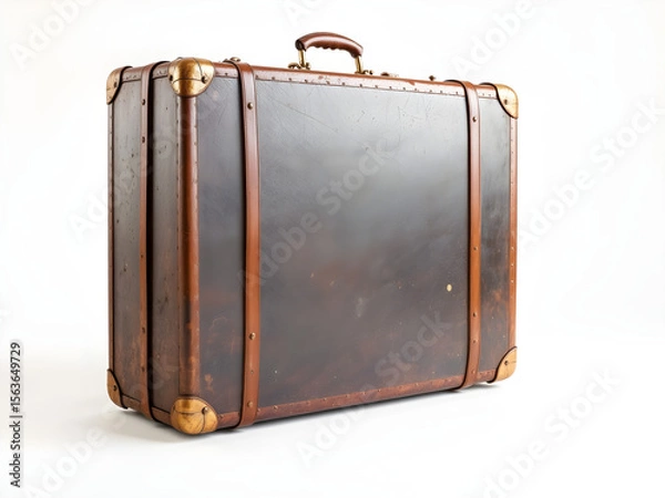 Fototapeta A brown suitcase with a gold handle sits on a white background