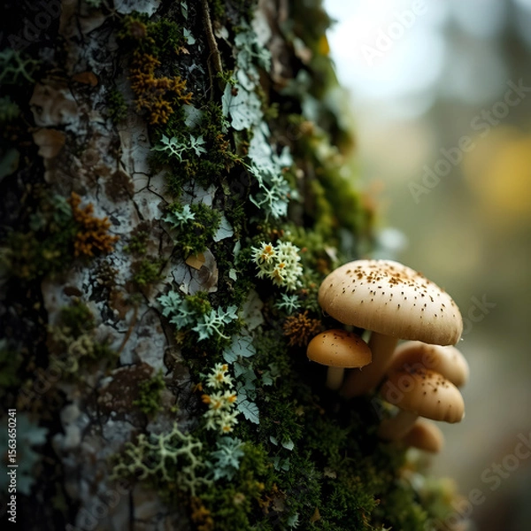 Fototapeta A tree covered in moss and mushrooms