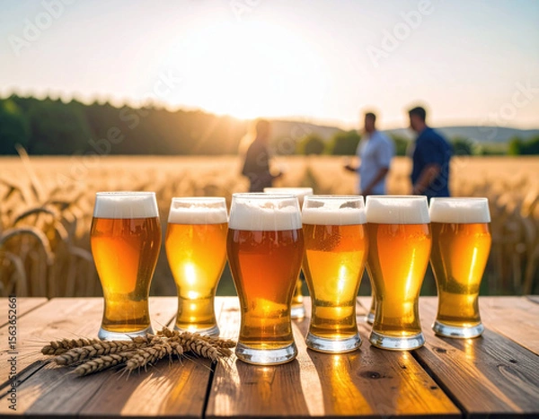 Fototapeta Selective focus on group of filled beer glasses various color in the foreground on wood rustic table. Blurred background with lot of people talking and drinking beer by the barley field. Beer tasting 