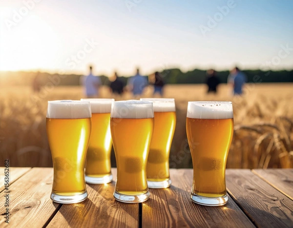 Fototapeta Selective focus on group of filled beer glasses various color in the foreground on wood rustic table. Blurred background with lot of people talking and drinking beer by the barley field. Beer tasting 