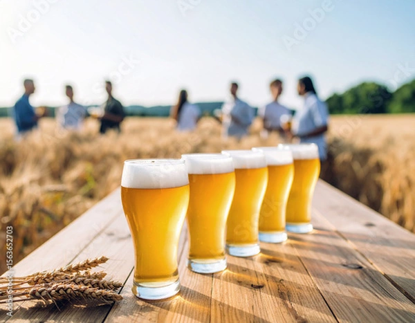 Fototapeta Selective focus on group of filled beer glasses various color in the foreground on wood rustic table. Blurred background with lot of people talking and drinking beer by the barley field. Beer tasting 