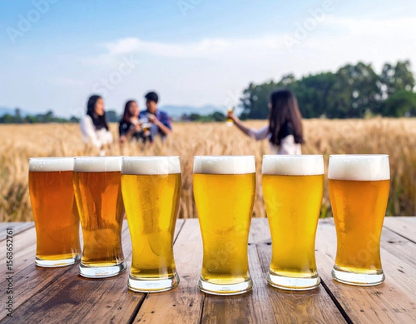 Fototapeta Selective focus on group of filled beer glasses various color in the foreground on wood rustic table. Blurred background with lot of people talking and drinking beer by the barley field. Beer tasting 