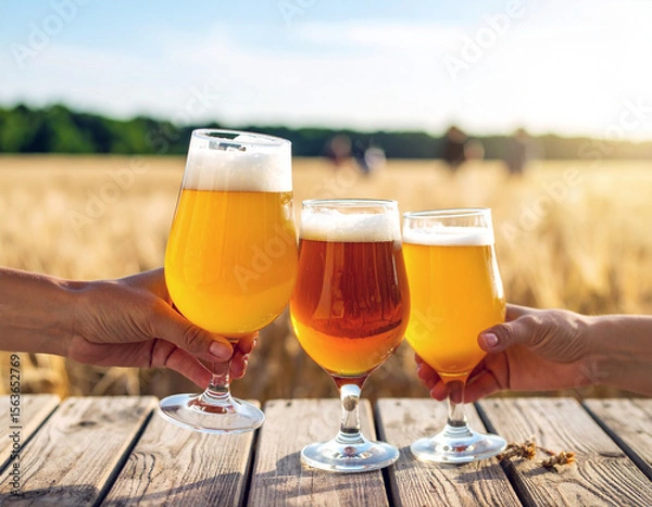 Fototapeta Selective focus on group of filled beer glasses various color in the foreground on wood rustic table. Blurred background with lot of people talking and drinking beer by the barley field. Beer tasting 