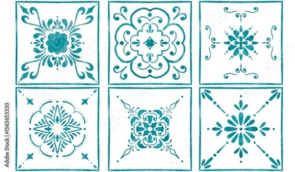 Obraz six tiles with blue watercolor patterns	