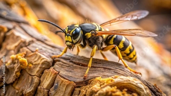 Obraz Close-up of a yellow jacket wasp perched on weathered wood, showcasing intricate details of its body and the textured surface