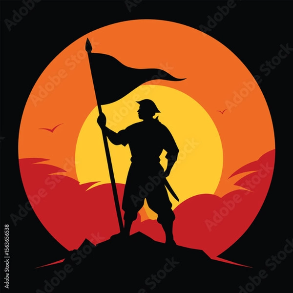Fototapeta Silhouette of a warrior with a flag on a mountain at sunset