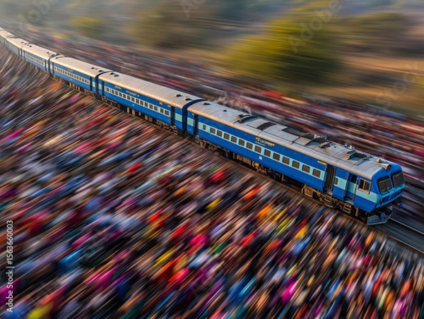Fototapeta a train is traveling through a large crowd of people in a stadium of color, with a train on the tracks