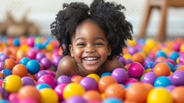 Fototapeta Adorable little girl having fun, laughing and playing in a colorful ball pit