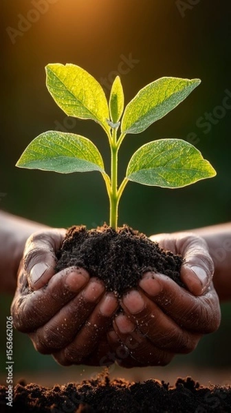 Fototapeta Close up of hands holding fertile soil with a young plant growing, symbolizing new life and environmental conservation
