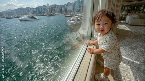 Fototapeta Baby standing by the window enjoying hong kong cityscape in a luxury cruise