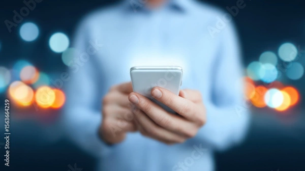 Fototapeta Person using smartphone with blurred colorful city lights in background, conveying modern technology and connectivity at night