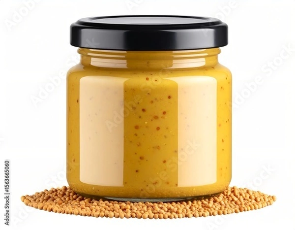 Fototapeta 3D mustard jar with mustard seeds beside, isolated clear background