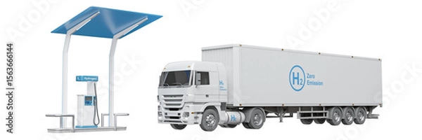 Fototapeta Hydrogen refueling station and hydrogen truck isolated on transparent background. Hydrogen-themed graphic components. 3D illustration.