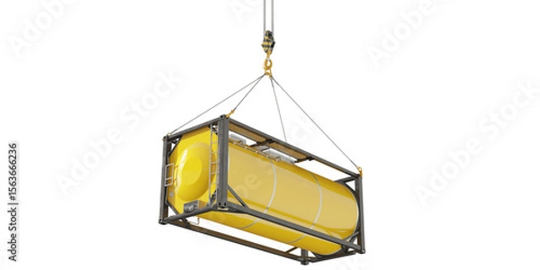 Fototapeta Transportable pressurized horizontal storage tank isolated on transparent background. Tank container equipped with safety valves, pressure gauges, and unloading pumps. 3D illustration.