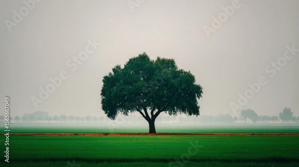 Fototapeta Single large tree standing alone in vast open green field with hazy sky and distant trees on the horizon creating a peaceful natural landscape scene