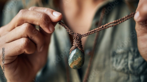 Fototapeta Close-up of a handmade natural stone necklace being proudly held by its female creator