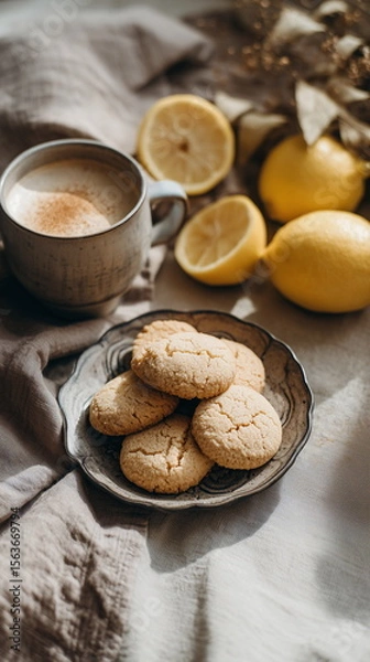 Obraz Homemade Lemon Cookies with a Cappuccino
