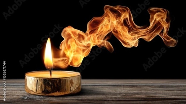 Obraz A lit candle with flickering flame and swirling smoke on a dark background